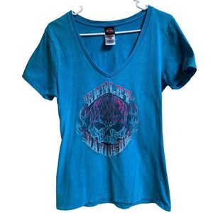 Harley Davidson T-Shirt Women L Blue Bikercore Moto Biker Chick Street Casual